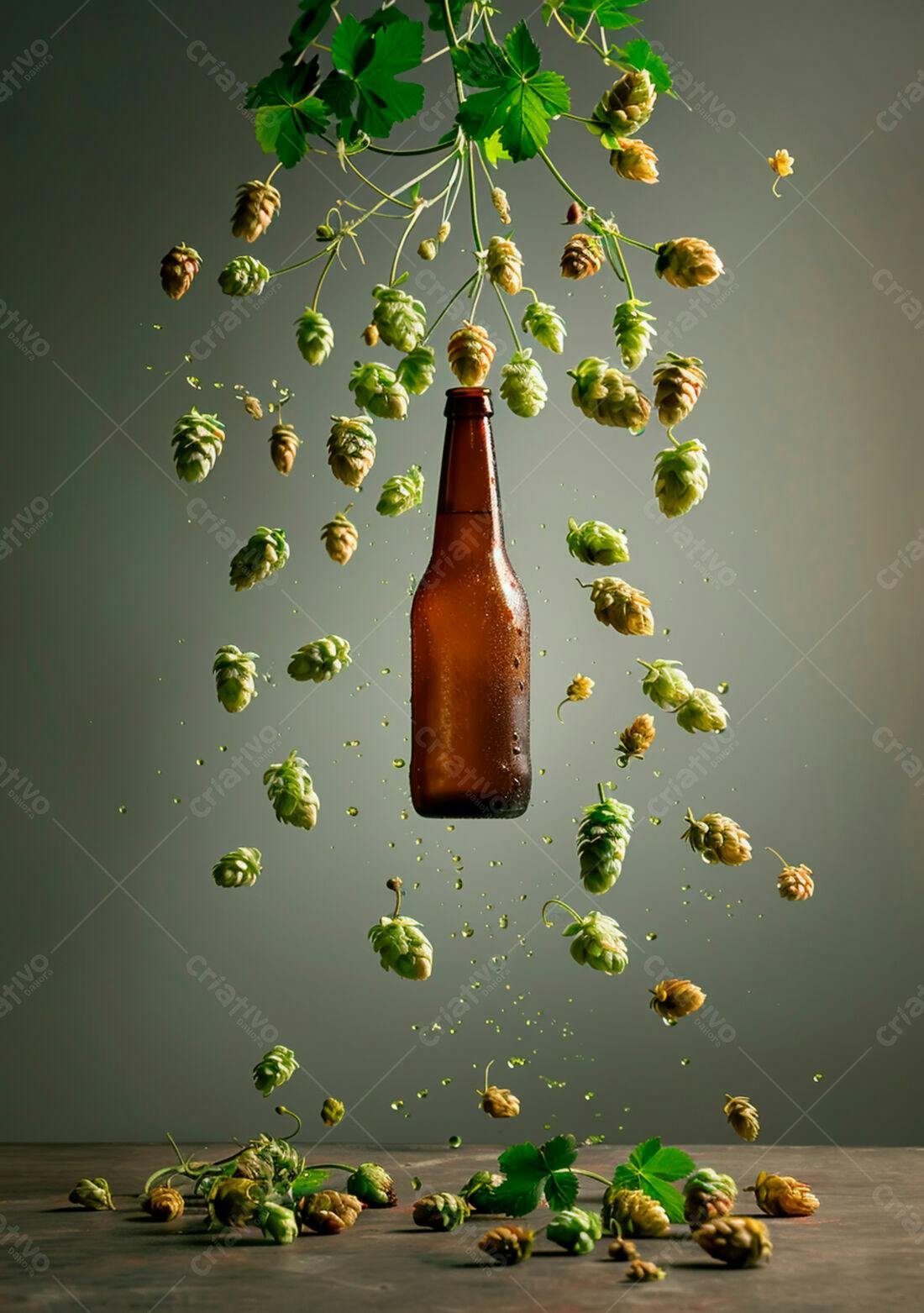 Garrafa de cerveja com lúpulo caindo