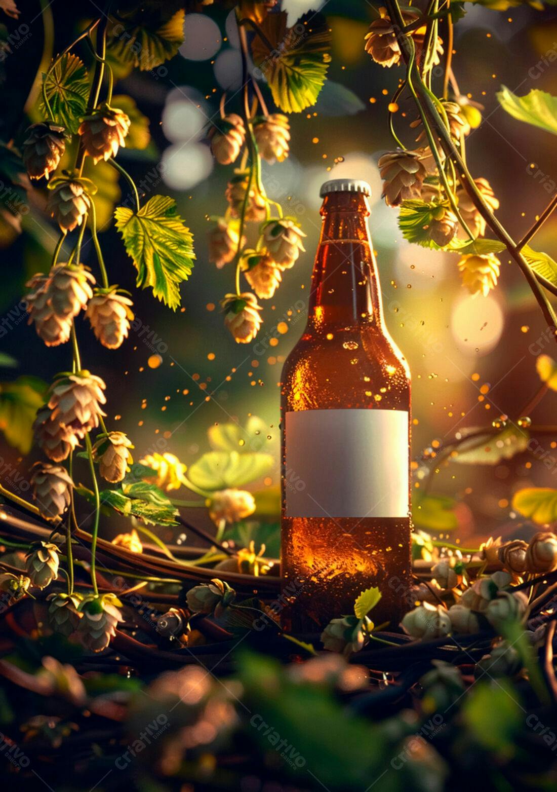 Garrafa de cerveja artesanal entre lúpulos