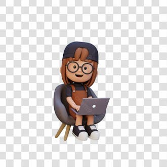 Personagem de garota 3d trabalhando em um laptop