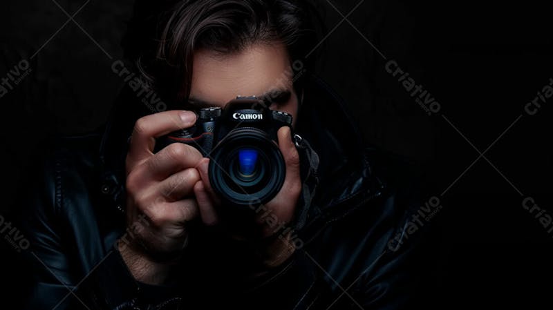 Close up de um fotógrafo segurando uma camera fotográfica contra um fundo preto 1