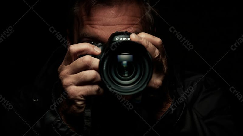 Close up de um fotógrafo segurando uma camera fotográfica contra um fundo preto 2