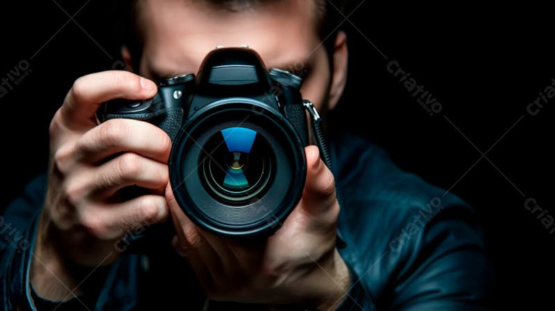 Close up de um fotógrafo segurando uma camera fotográfica contra um fundo preto 3