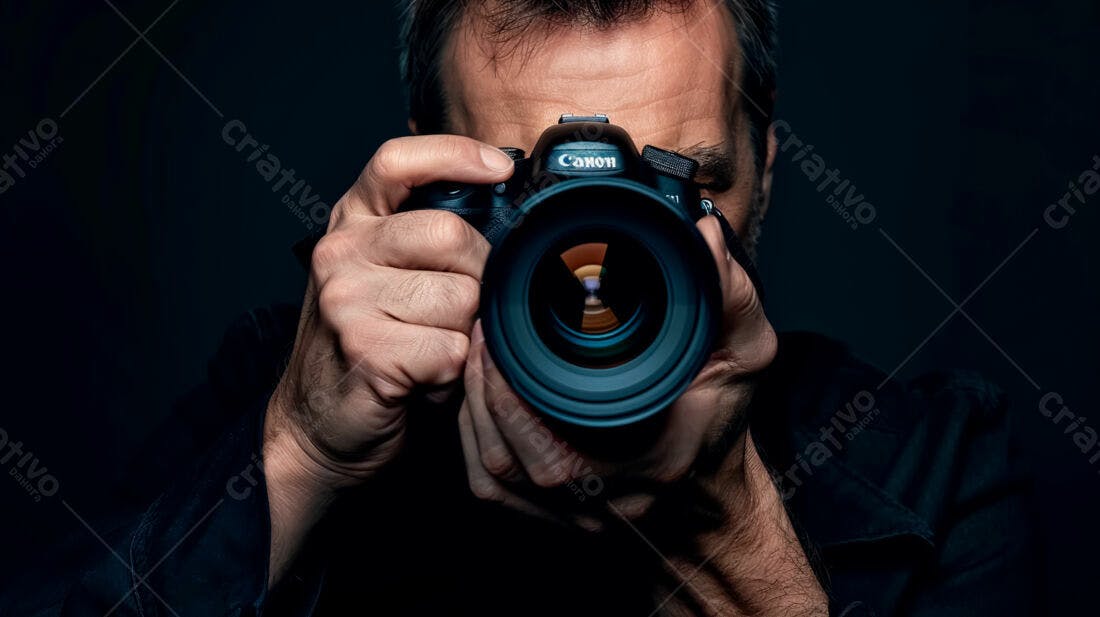 Fotógrafo com câmera Canon em fundo escuro