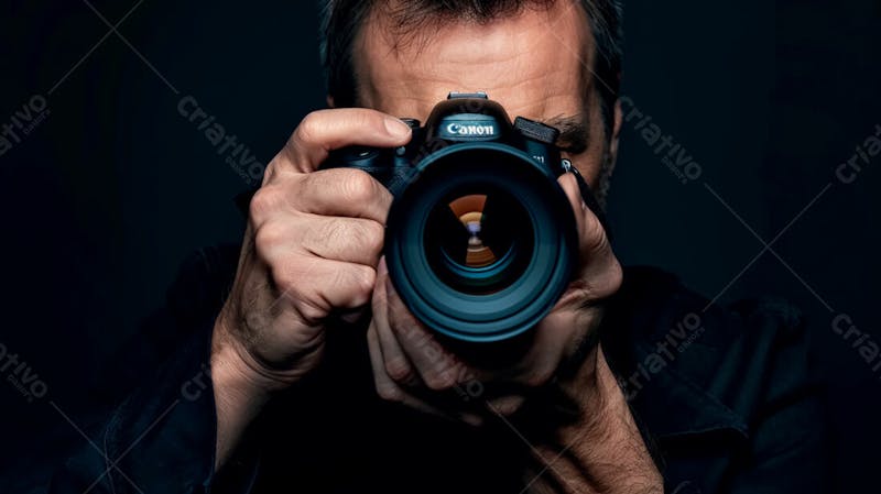 Close up de um fotógrafo segurando uma camera fotográfica contra um fundo preto 4