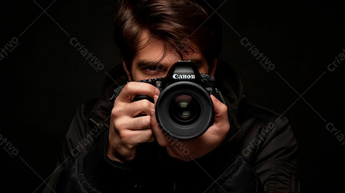 Fotógrafo com câmera Canon fundo escuro