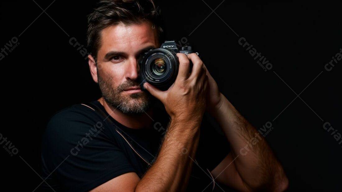 Fotógrafo com câmera Sony fundo preto