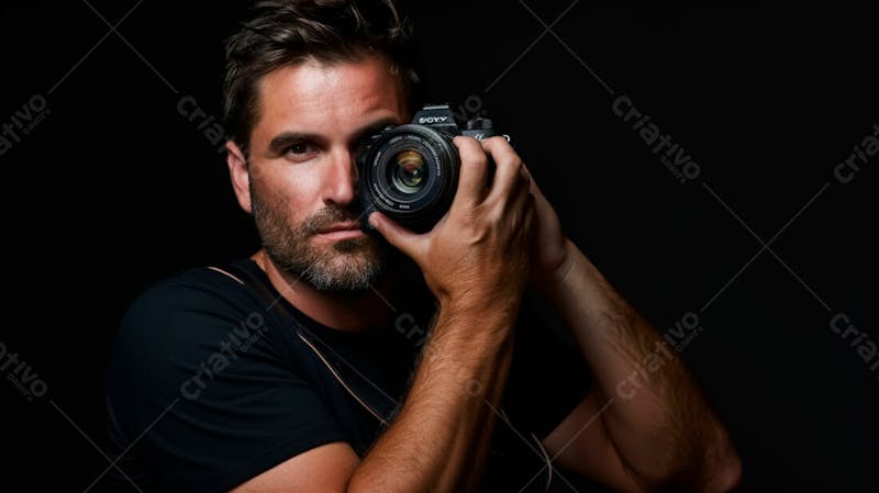 Close up de um fotógrafo segurando uma camera fotográfica contra um fundo preto 9