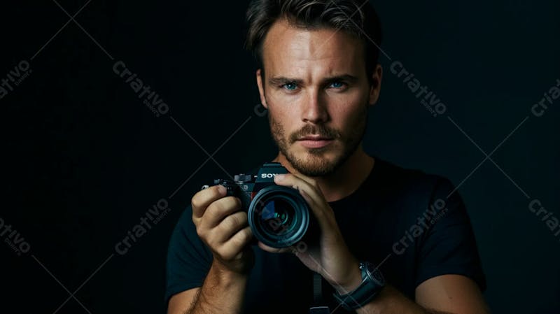 Close up de um fotógrafo segurando uma camera fotográfica contra um fundo preto 10