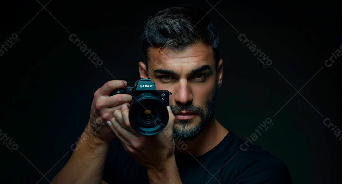 Fotógrafo com câmera Sony fundo escuro