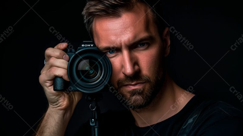 Close up de um fotógrafo segurando uma camera fotográfica contra um fundo preto 12