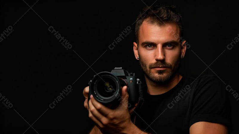 Close up de um fotógrafo segurando uma camera fotográfica contra um fundo preto 13