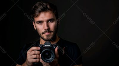 Close Up De Um Fotógrafo Segurando Uma Camera Fotográfica Contra Um Fundo Preto 14