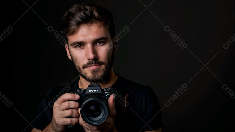 Close up de um fotógrafo segurando uma camera fotográfica contra um fundo preto 14