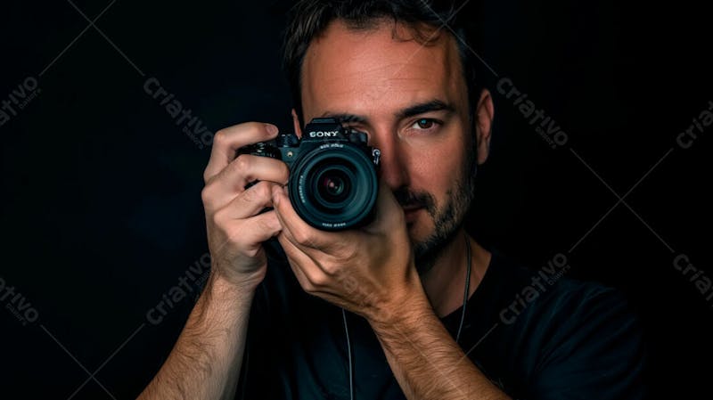 Close up de um fotógrafo segurando uma camera fotográfica contra um fundo preto 15