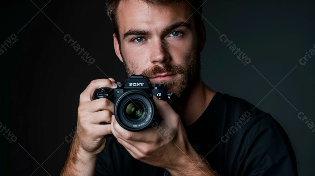 Fotógrafo com câmera Sony fundo escuro