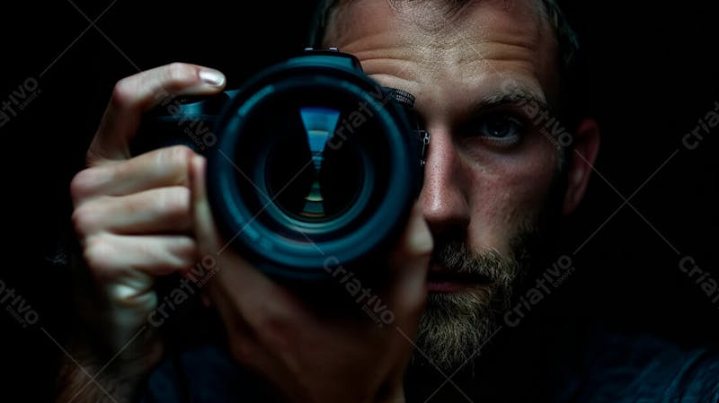 Close up de um fotógrafo segurando uma camera fotográfica contra um fundo preto 17