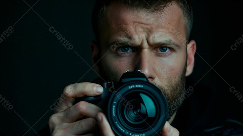 Close up de um fotógrafo segurando uma camera fotográfica contra um fundo preto 18