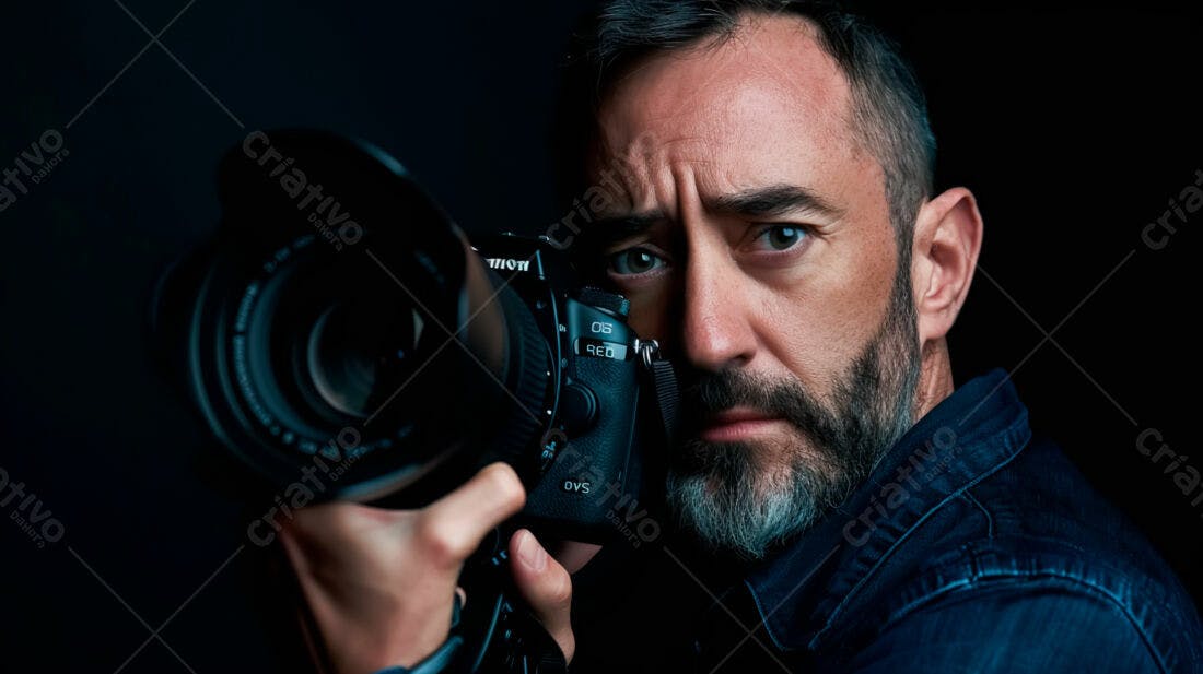 Fotógrafo com câmera profissional fundo escuro