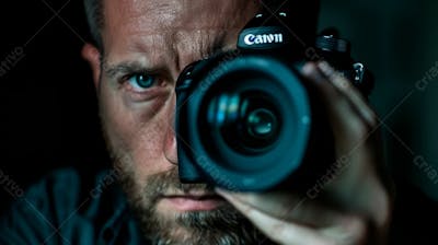 Close Up De Um Fotógrafo Segurando Uma Camera Fotográfica Contra Um Fundo Preto 20