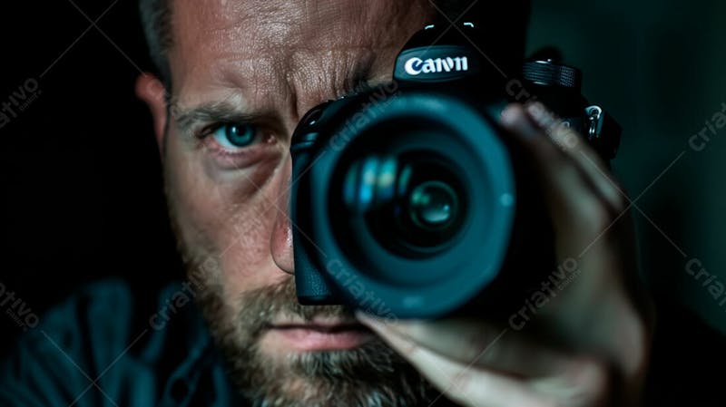 Close up de um fotógrafo segurando uma camera fotográfica contra um fundo preto 20