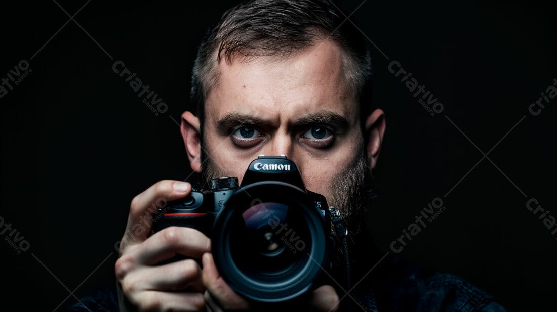Fotógrafo com câmera Canon em fundo escuro