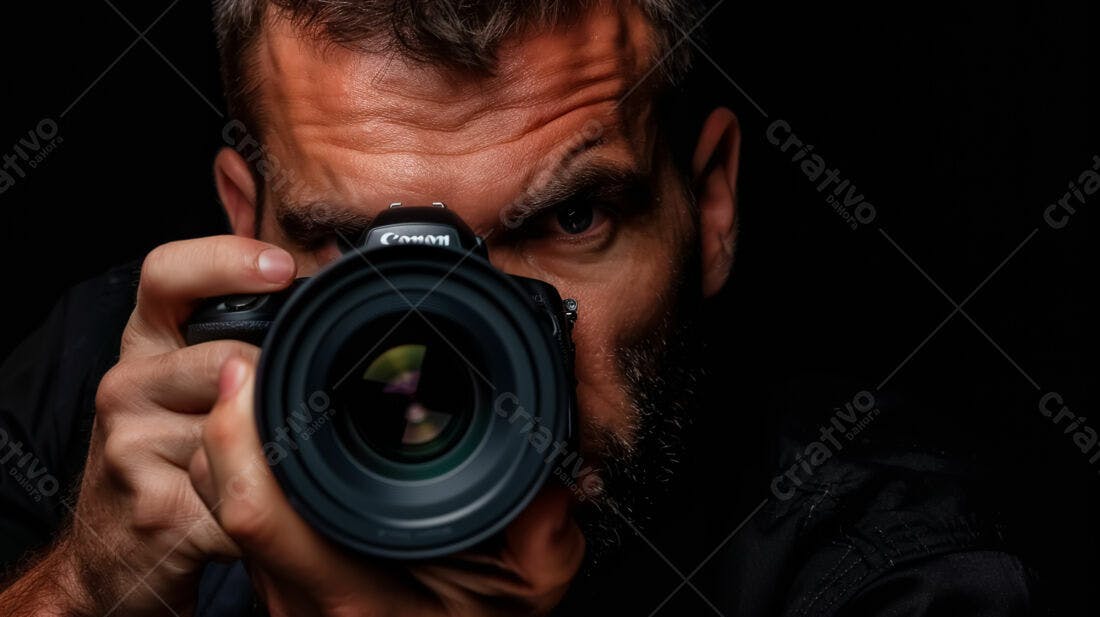 Fotógrafo com câmera Canon em close