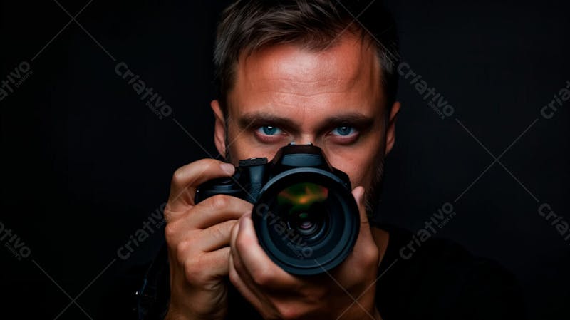 Close up de um fotógrafo segurando uma camera fotográfica contra um fundo preto 23