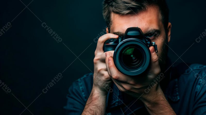 Close up de um fotógrafo segurando uma camera fotográfica contra um fundo preto 24