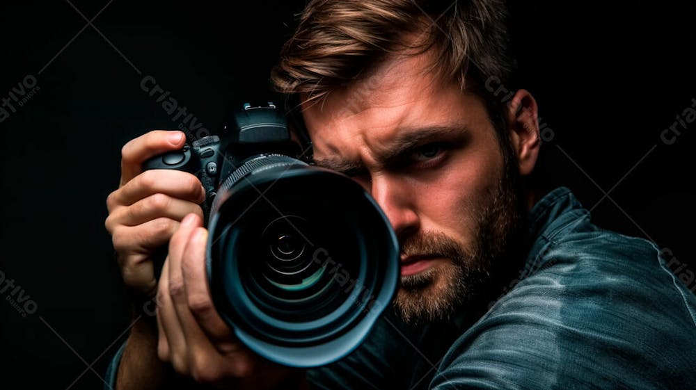 Close Up De Um Fotógrafo Segurando Uma Camera Fotográfica Contra Um Fundo Preto 25