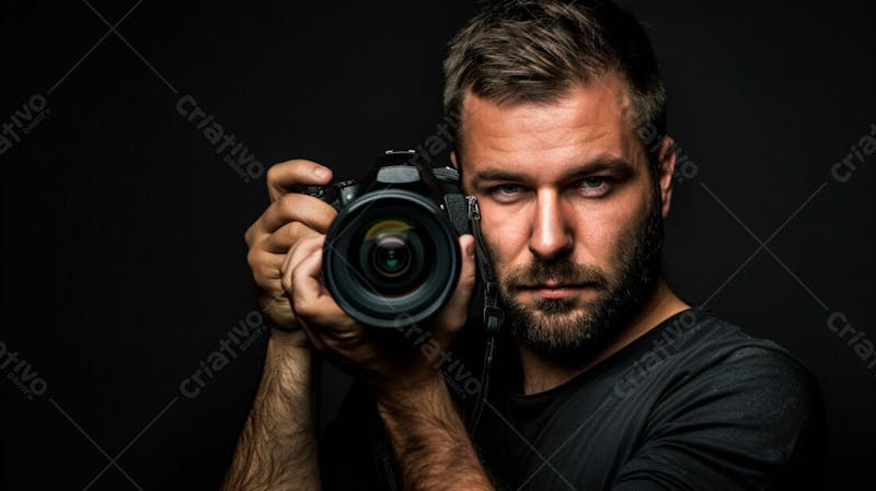 Close up de um fotógrafo segurando uma camera fotográfica contra um fundo preto 26