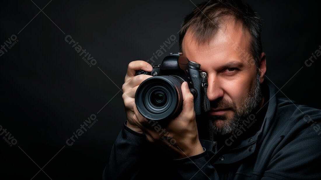 Fotógrafo com câmera DSLR fundo escuro