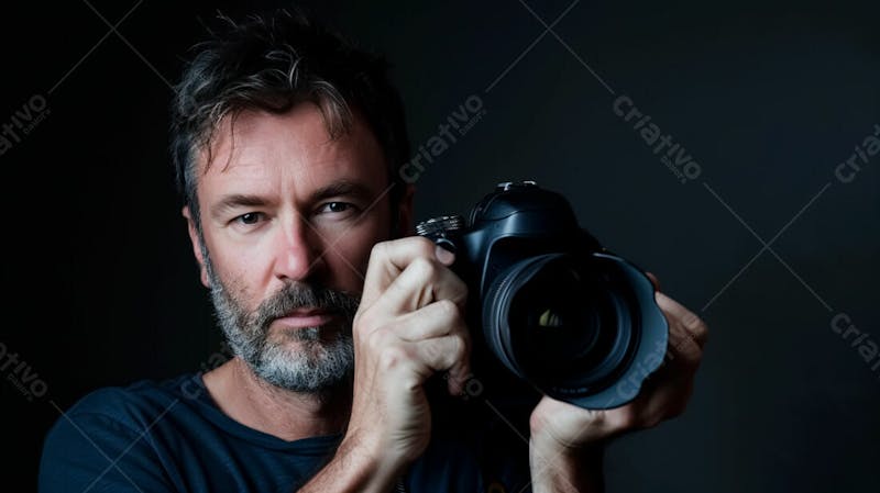 Close up de um fotógrafo segurando uma camera fotográfica contra um fundo preto 28