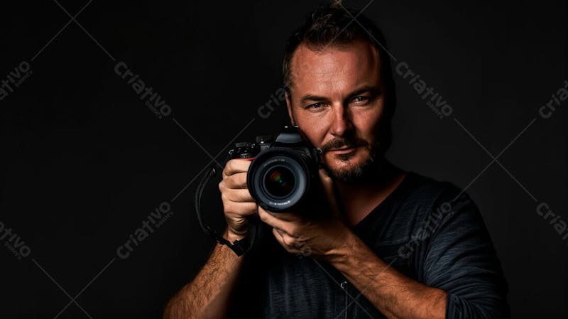 Close up de um fotógrafo segurando uma camera fotográfica contra um fundo preto 29