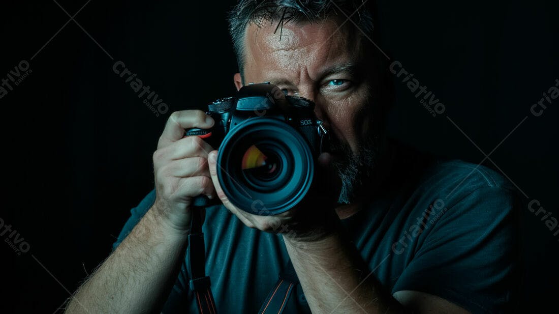 Fotógrafo com câmera DSLR em fundo escuro