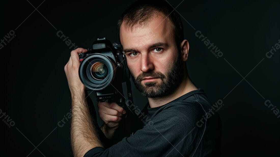 Fotógrafo com câmera profissional fundo escuro