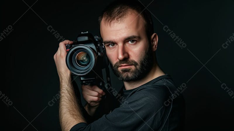 Close up de um fotógrafo segurando uma camera fotográfica contra um fundo preto 31