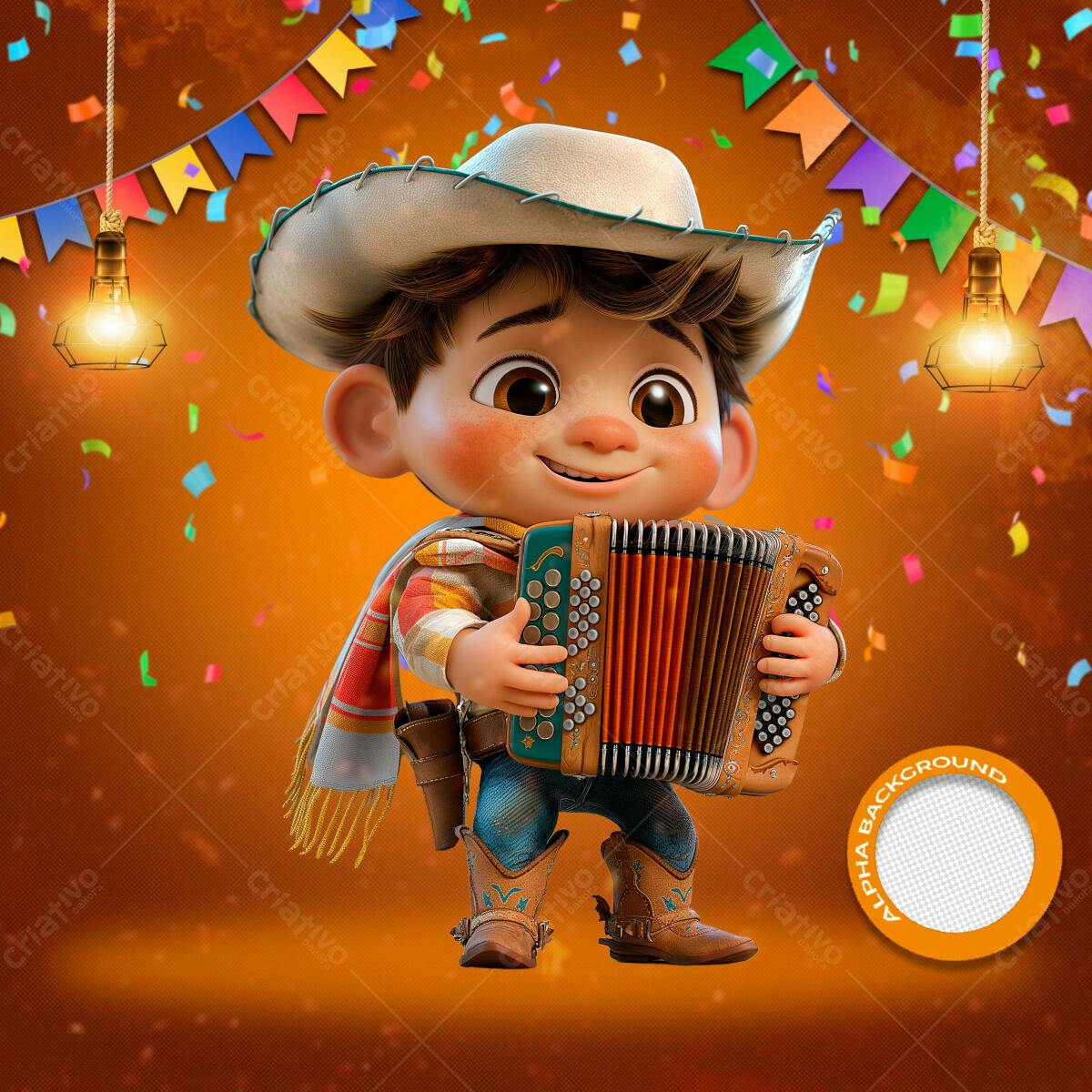 PSD Festa Junina com Personagem Infantil Cartoon PSD Editável
