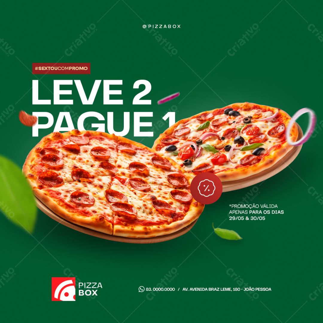Post para Promoção Leve 2 Pague 1 Pizza PSD Editável