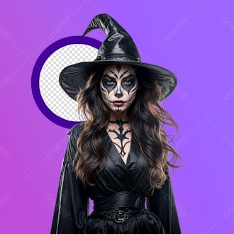 Foto de uma mulher vestida de bruxa halloween