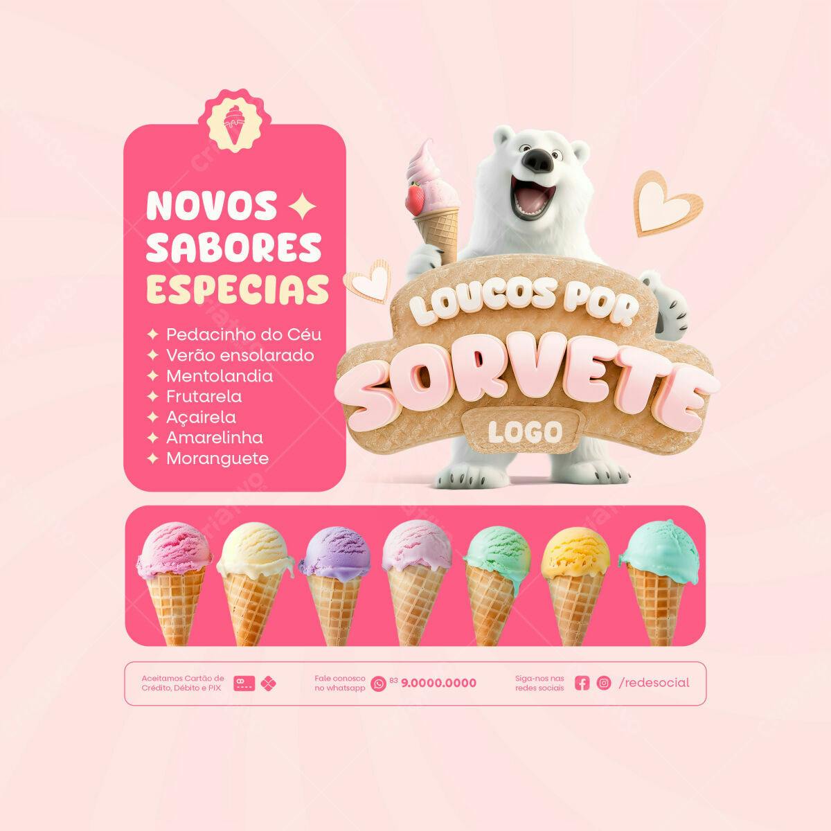 Flyer Sorveteria com Urso Polar PSD Editável