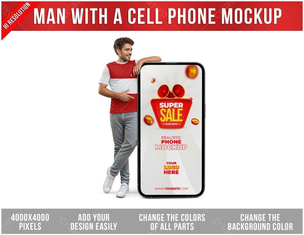 Homem Apoiado Em Celular Mockup