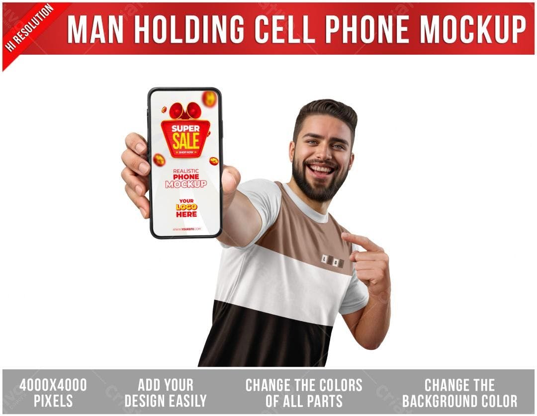 Mockup Celular com Homem Sorrindo PSD Editável