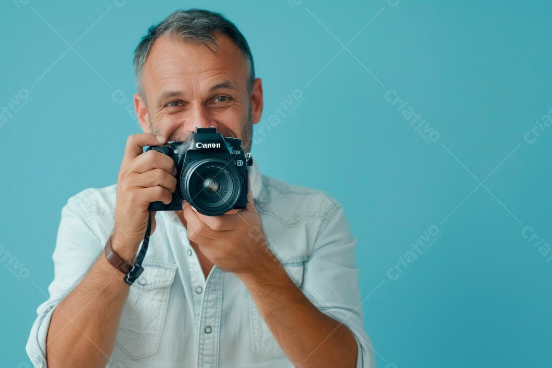 Fotógrafo alegre com câmera Canon