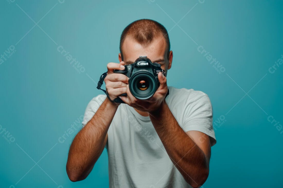Fotógrafo com câmera Canon fundo azul