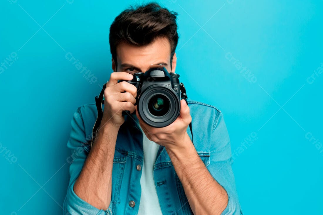 Fotógrafo com câmera DSLR fundo azul