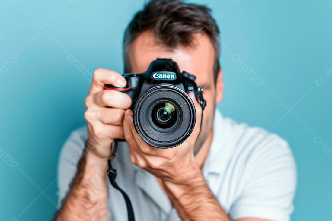 Fotógrafo com câmera Canon fundo azul
