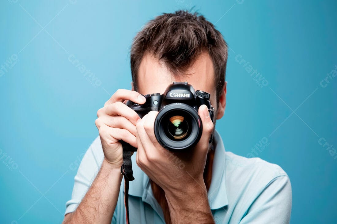 Fotógrafo com câmera Canon fundo azul