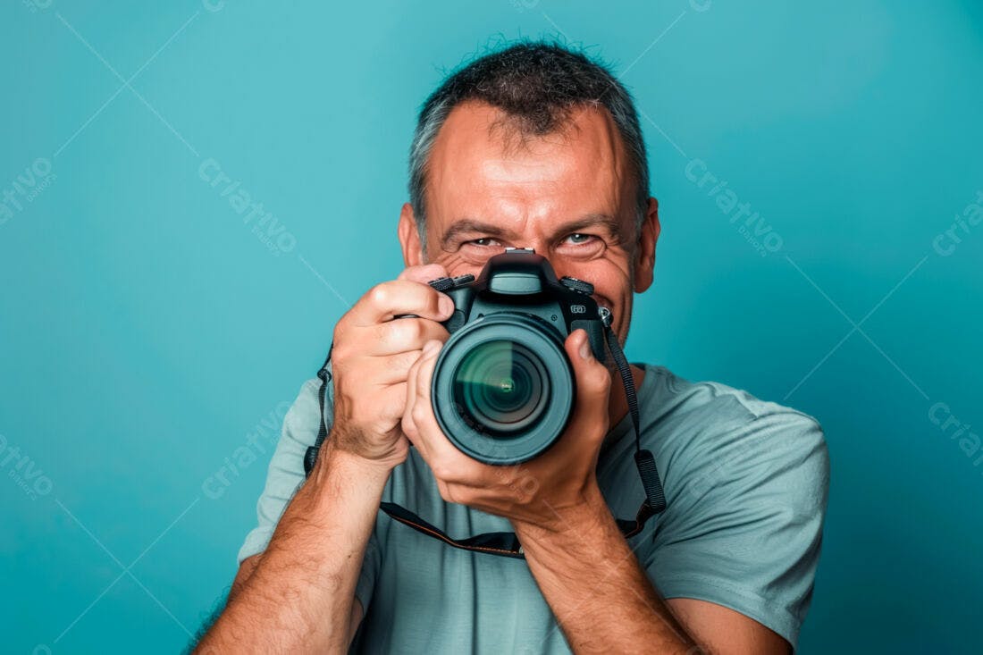 Fotógrafo segurando câmera DSLR fundo azul