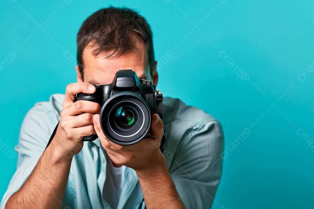 Fotógrafo com câmera DSLR fundo azul