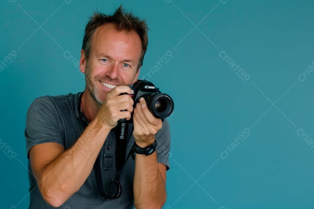 Fotógrafo sorridente segurando câmera Canon fundo azul